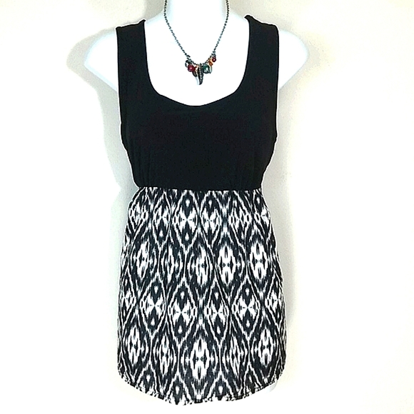 Mini dress stretch black white sleeveless Tribal Ikat Geometric - Picture 1 of 7